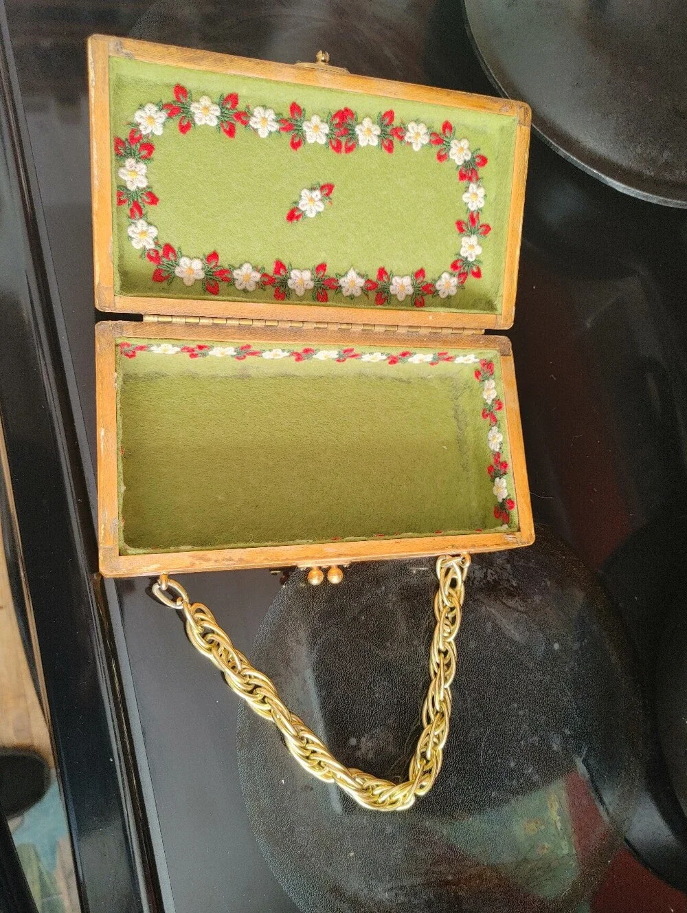 Vintage Mid Century 1960s Wooden Box Purse With Strawberries Painted On It